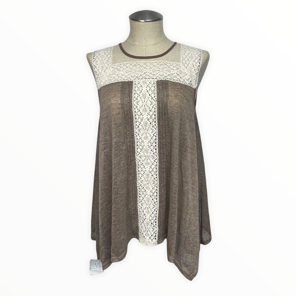 RYU Brown Knit Cream Lace Back Tie Tunic Tank Top Small